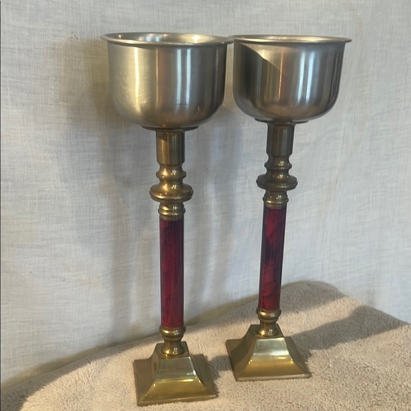Vintage Brass and Red Candle Holders - Picture 1 of 3